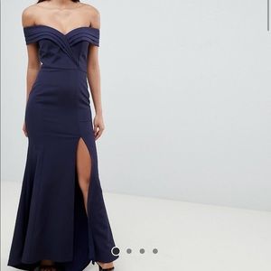 Navy off the shoulder long dress with slit